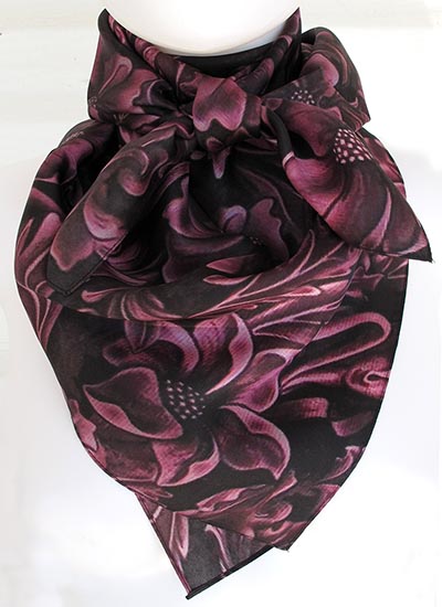 NEW! Plum Tooled Leather Wild Rag 100% Silk Scarf Cowboy Bandana