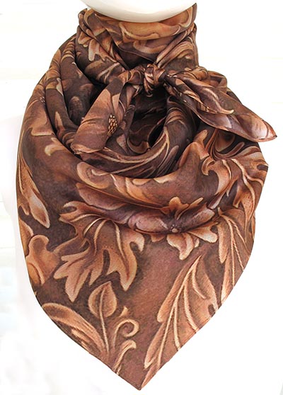 NEW! Saddle Brown Tooled Leather Wild Rag 100% Silk Scarf Cowboy Bandana