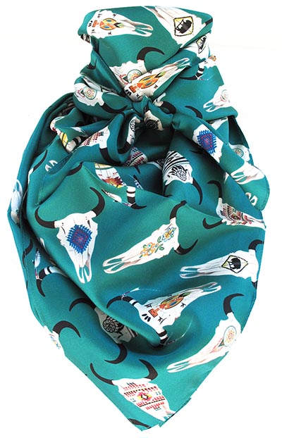 Cow Skulls on Turquoise Wild Rag 100% Silk Scarf Cowboy Bandana