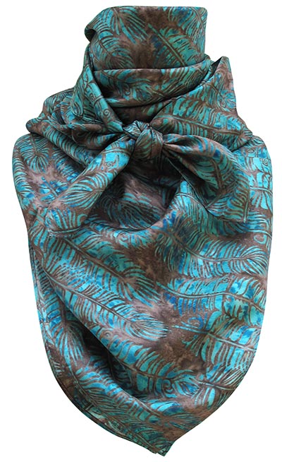 Turquoise Feather Wild Rag 100% Silk Scarf Cowboy Bandana