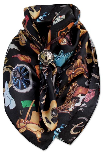 Retro Western on Black Wild Rag 100% Silk Scarf Cowboy Bandana