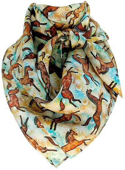 AL Copper Horses with Turquoise Wild Rag 100% Silk Scarf Cowboy Bandana