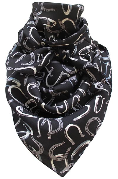 Horseshoes on Black Wild Rag 100% Silk Scarf Cowboy Bandana