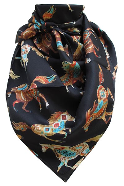 Aztec Horses on Black Wild Rag 100% Silk Scarf Cowboy Bandana