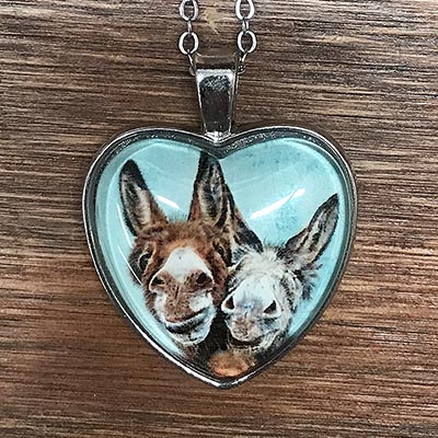 Donkey Pair Glass Dome Heart Necklace *NEW!*