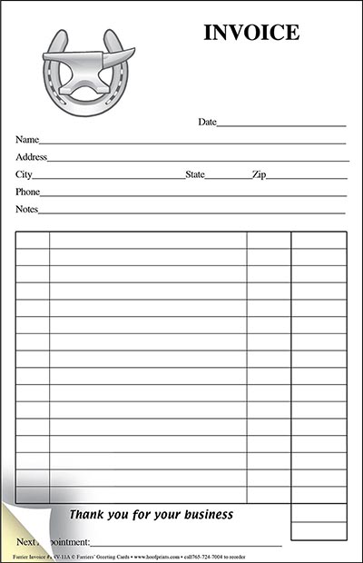 Stock Two-Part Carbonless Farrier Invoice Pad - Shoe & Anvil Design