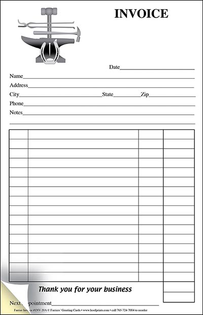 Stock Two-Part Carbonless Farrier Invoice Pad - Tools of the Trade design