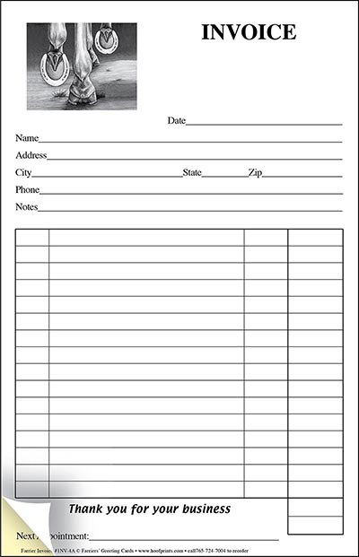 Stock Two-Part Carbonless Farrier Invoice Pad - Shod Hooves Design