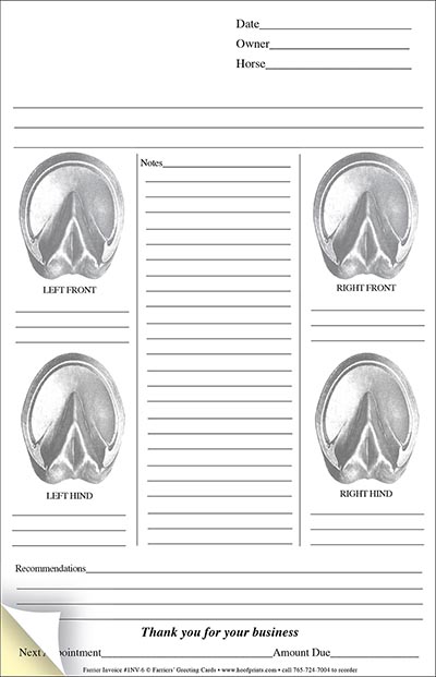 Stock Two-Part Carbonless Farrier Invoice - Hoof Bottom Images for detailed notes