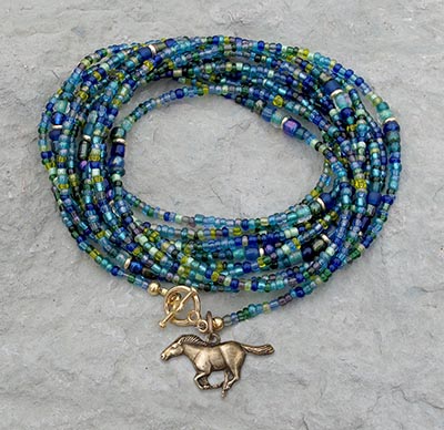 Peacock Colors Beaded Wrap Bracelet / Necklace with Brass Charm *LAST ONE*