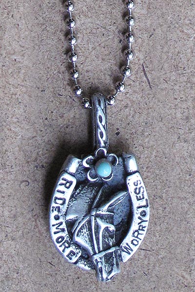 RIDE MORE WORRY LESS Pewter Pendant on Ball Chain