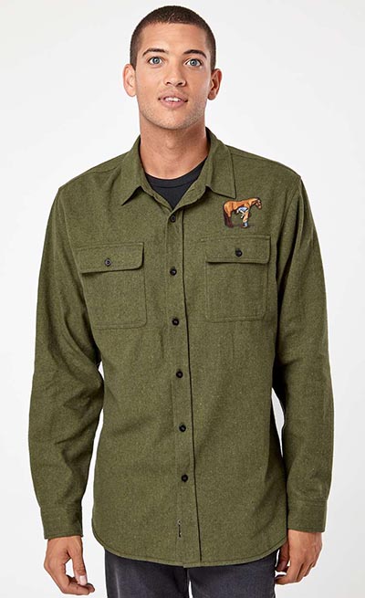 Army Green Longsleeve Flannel with Modern Farrier Embroidery *ONLY ONE AVAILABLE SIZE MEDIUM*