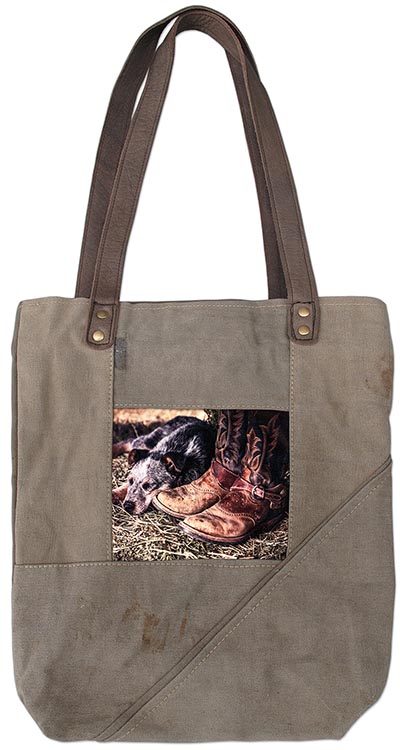 Recycled Military Tent Bags featuring Heeler Pup with Cowboy Boots *SOLD OUT*