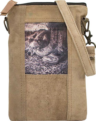 Recycled Military Tent Bags featuring Heeler Pup with Cowboy Boots