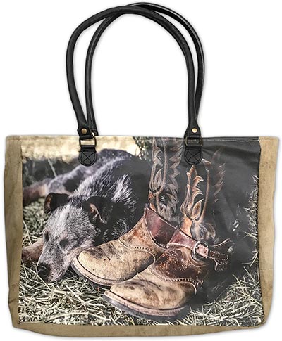 Recycled Military Tent Bags featuring Heeler Pup with Cowboy Boots